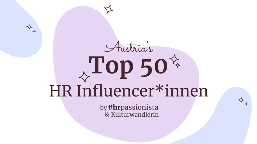 Austria’s Top 50 HR Influencer*innen – Award-Grafik in Pastellfarben mit Titel und Stern-Elementen, präsentiert von hrpassionista & Kulturwandlerin.
