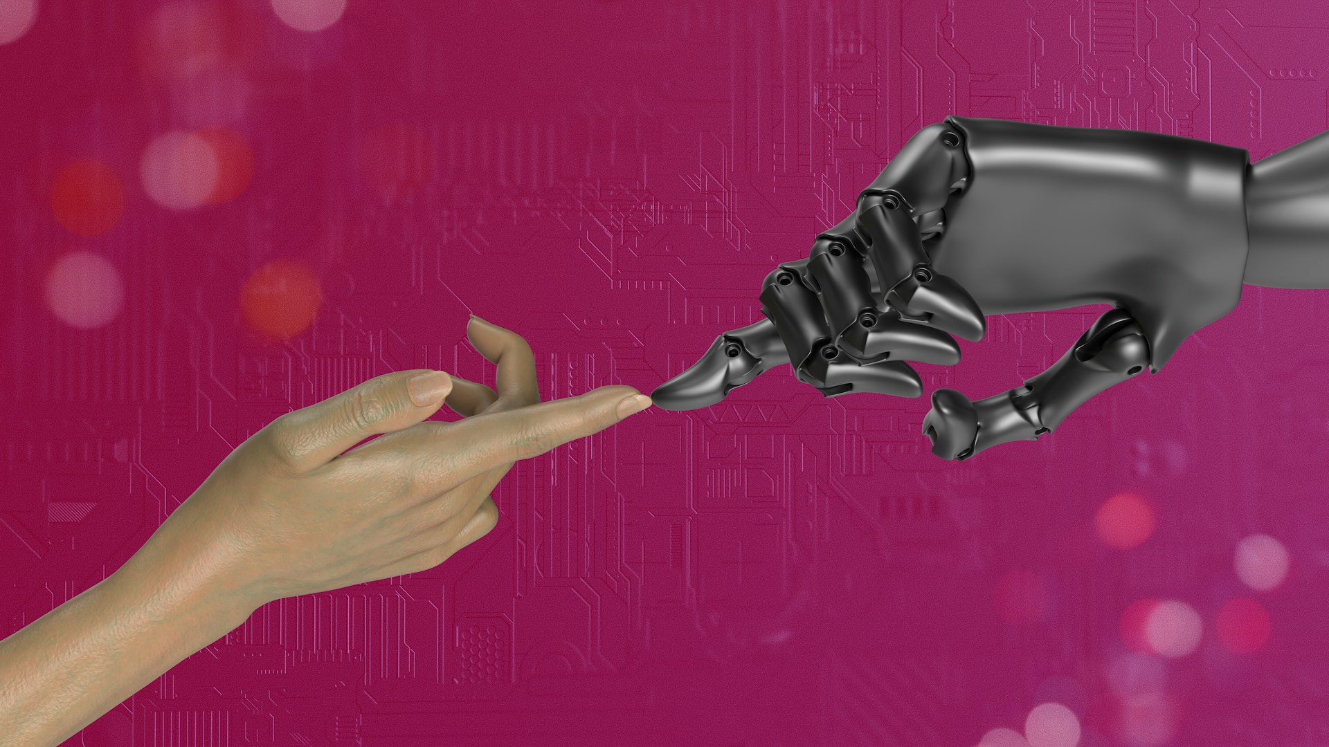 Pinker Hintergrund: eine menschliche und Roboter Hand berühren sich mit dem Zeigefinger.